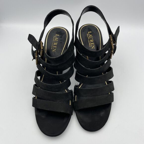 Lauren Ralph Lauren Sandals Linda Black Leather Wedge Thong Dressy Summer 10B - Picture 3 of 9